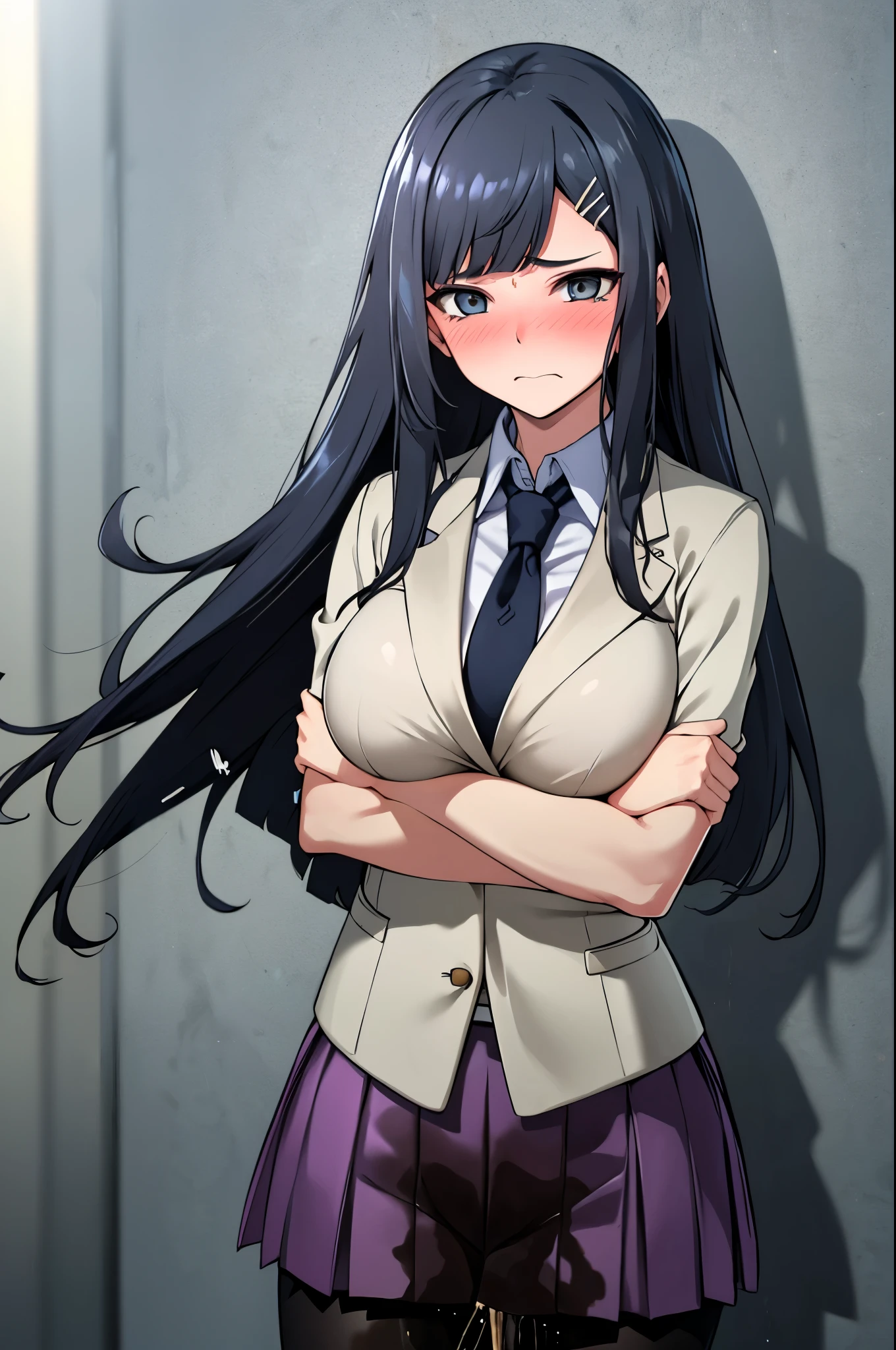 A woman with very long black hair and (very long bangs:1.5), wearing a  and skirt, blazer, pantyhose, standing. The artwork is inspired by manga and incorporates a doujin style. The woman appears to be (wetting herself:1.5), which causes her to feel embarrassed and humiliated, resulting in a blush on her face. In addition, there is an air of anger in her expression. The lighting in the scene is moody, with a spotlight highlighting the woman's figure. She is crossing her arms, (arms crossed:1.5), fully showcasing her skirt., large breasts