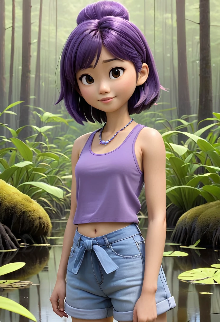 Une Japonaise de 14 ans, cheveux violet, collier bleu, Grey tank top, agonisant dans un swamp 3d Pixar, (best quality, 4k, 8k, High resolution, chef-d&#39;artwork:1.2), Ultra-detailed, (Realistic, photoRealistic, photo-Realistic:1.37),Jungle, swamp, Des couleurs vives, studio lighting