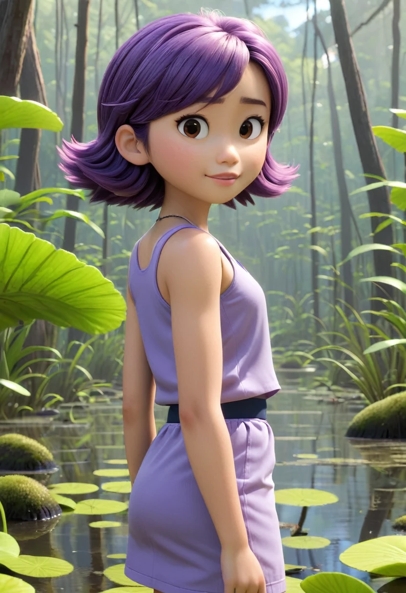 Une Japonaise de 14 ans, cheveux violet, collier bleu, Grey tank top, agonisant dans un swamp 3d Pixar, (best quality, 4k, 8k, High resolution, chef-d&#39;artwork:1.2), Ultra-detailed, (Realistic, photoRealistic, photo-Realistic:1.37),Jungle, swamp, Des couleurs vives, studio lighting