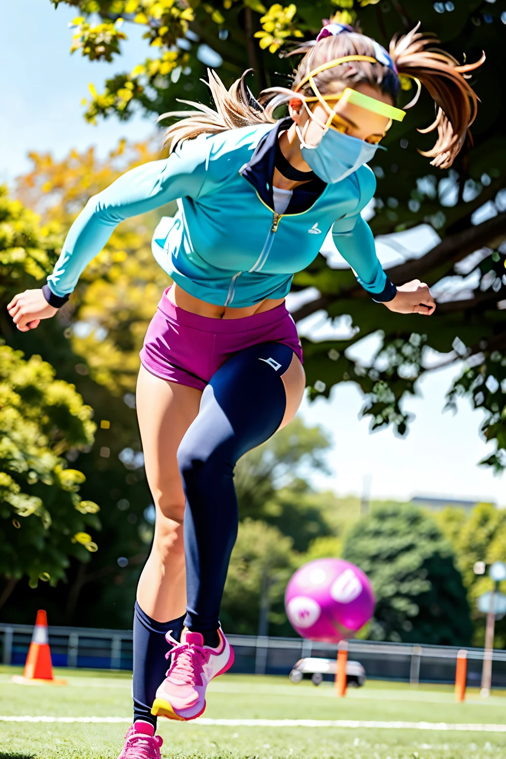 1 girl, solo, running, Gray Track Top, pink shorts, ponytail, athletic build, dynamic brushstrokes, fluid movement, capturing the essence of her athleticism and energy, using light colors and soft tones to create a dreamy and ethereal atmosphere, portraying the motion and grace of running, showing the wind blowing her ponytail and clothes, and the scenery of her surroundings.
outdoors, detailed background, Modern metropolis,