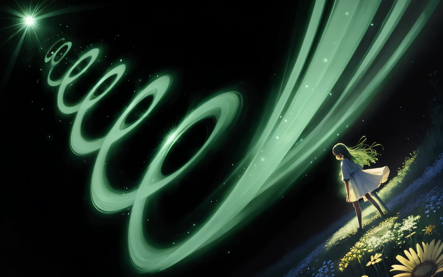 A beautiful spiral of green light rising to the sky, A girl standing in a flower field looking up,
