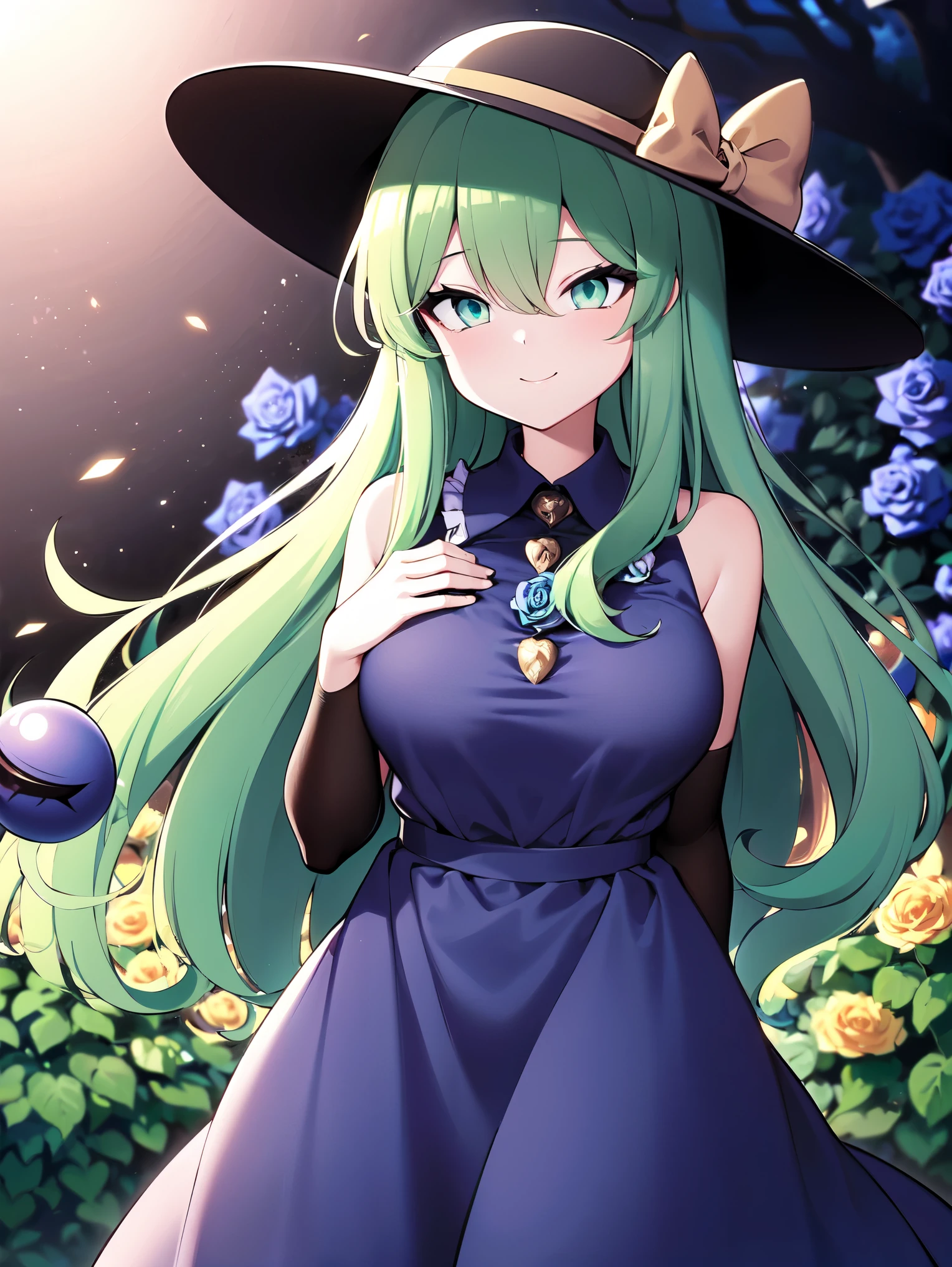 (cowboy shot), (colorful:1.1), glowing, (ultra-high resolution, depth of field:1.2), Touhou project, (komeiji koishi:1.1), (1woman), adult, medium breasts, (dark green eyes), white pupils, glowing eyes, green hair, wavy hair, (long hair), ponytail, (light blue gala dress:1.2) (wearing a light blue gala dress:1.2), frills, A closed blue-purplish "third eye", with cords wrapped around her torso and attached to each of her ankles, (blue roses in the background), garden scenery, gentle smile, (squinting eyes)