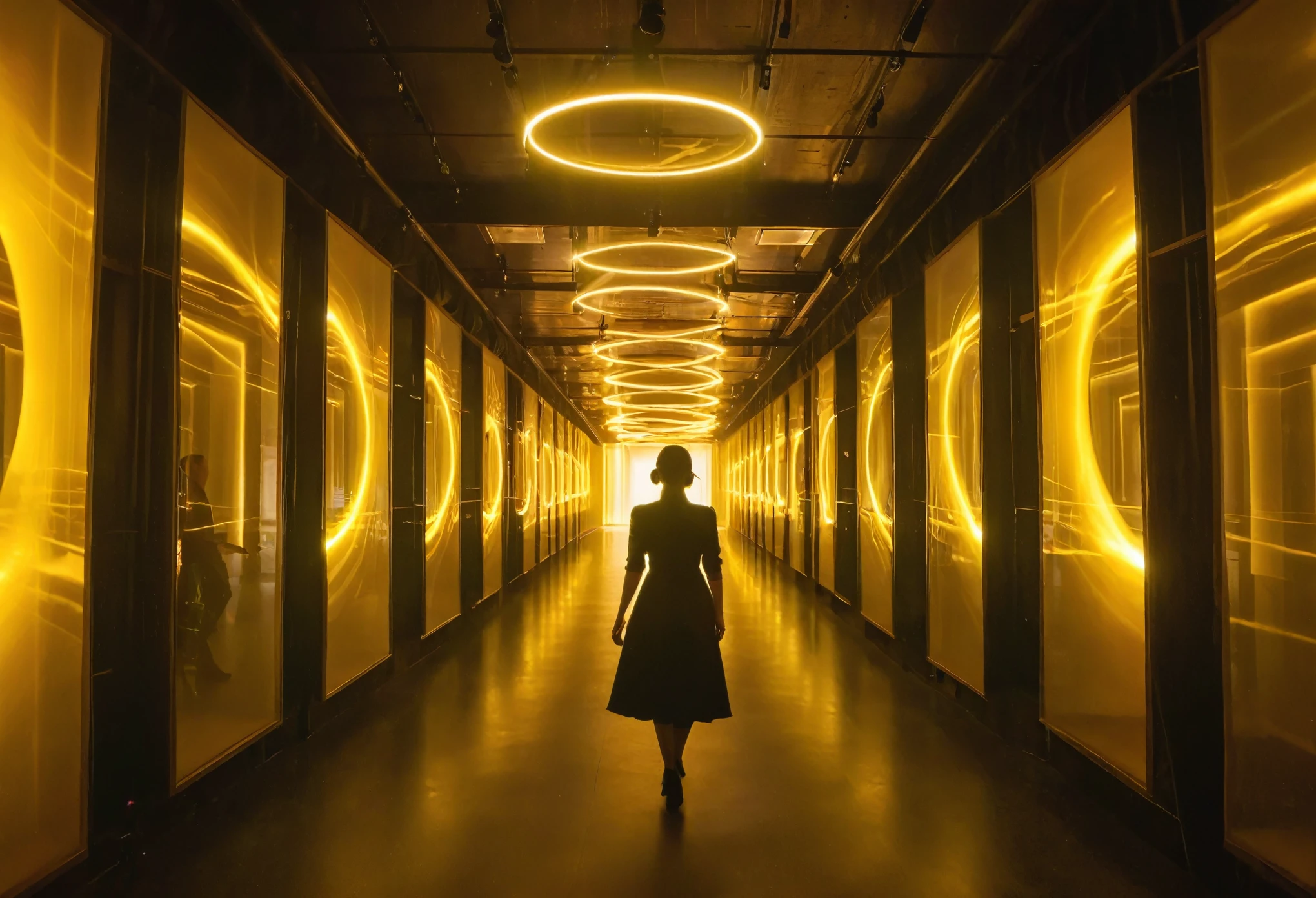 Create an image that captures the moment at the end of a golden corridor where a large, cell-like luminous installation stands. The prompt should include the following elements: A long, golden corridor with reflective walls that give off a warm, ambient light, leading to a central focus at the end of the hallway. A large, bioluminescent cell-like installation at the corridor's end, designed to resemble a glowing cell with translucent membranes and pulsating light, symbolizing life and energy. A graceful woman with an elegant demeanor standing near the installation, in the process of 'lighting it up' with an interactive gesture or control panel, indicating the start of an event or the activation of the installation. The woman should be dressed in a sophisticated outfit that complements the futuristic setting, with her posture and expression conveying a sense of importance and ceremony. Behind the cell-like installation, there should be grand entrance doors that lead to the main venue, suggesting that the activation of the installation is a prelude to entering the main event. The overall atmosphere should be one of anticipation and excitement, with the golden corridor and the glowing cell installation serving as a bridge between the ordinary and the extraordinary. The lighting should be dramatic, with the cell installation as the primary light source, casting soft, golden hues that reflect off the corridor walls and illuminate the woman's face. This image should evoke a sense of discovery and wonder, as if the viewer is about to witness the unveiling of something truly remarkable within the main venue. xianxia