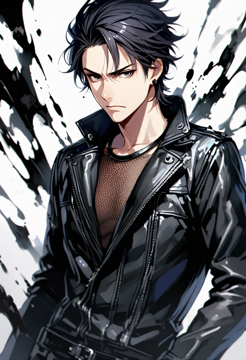 A young man, 23-years-old, solo, pale skin, mature face, (mid-length black hair that's parted in the middle:1.2), black eyes, glaring, black leather jacket, black necklace, black earrings, mesh shirt, plain white background, black splashes of ink