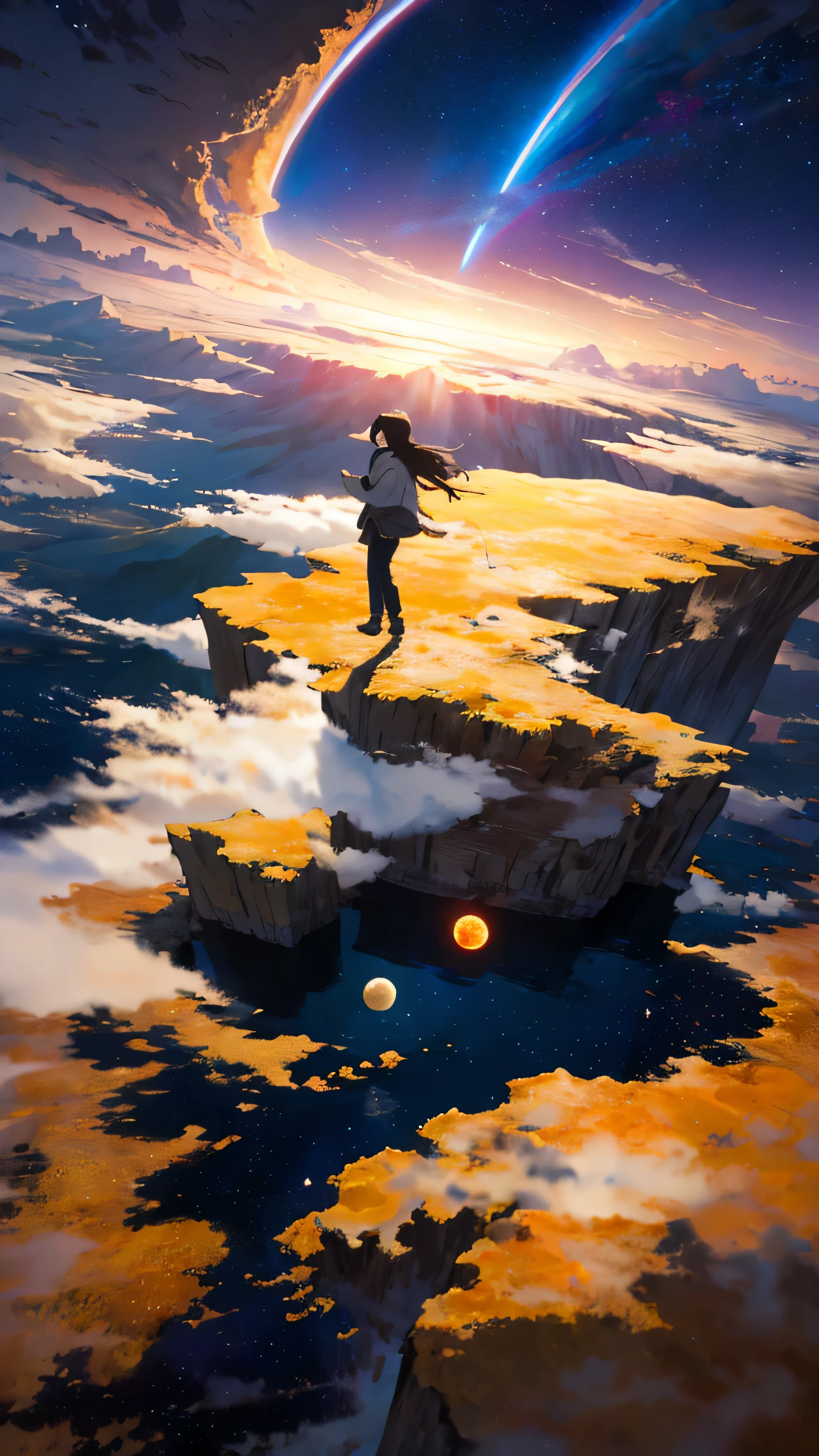 Masterpiece, top-tier quality, 16K UHD,
Standing,
Moonlit grassland, vast and endless, solo, young, radiant, twilight, starry sky,
A 12-year-old girl with black hair,
Hair floating gently in midair as if defying gravity,
Back view, showcasing the simplicity of her ,
Gazing up at the sun, which sets against a backdrop of three celestial bodies,
The suns illuminating the universe, their combined glow casting a warm, surreal light,
8K resolution, offering a super-detailed landscape dotted with the stars,