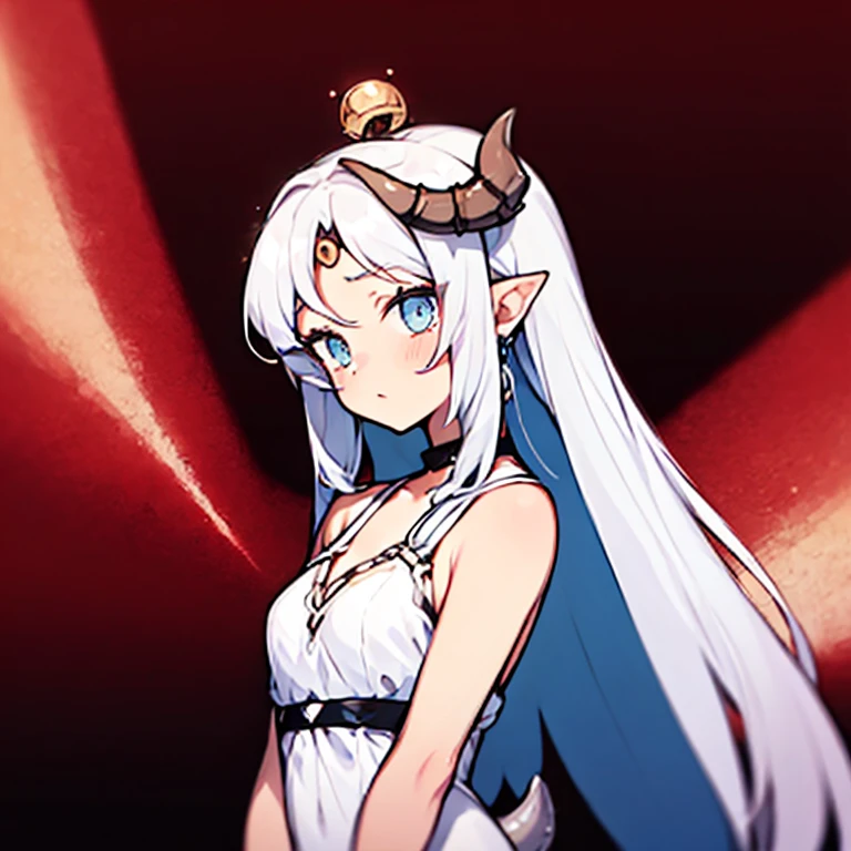 ((masterpiece)), ((bestquality)), 1 girl, solo, a ****************, white hair, blue eyes, detailed face, dragonian_head, dragonian_body, dragonian_hairstyle, dragonian_horns, dragonian_tail, one white tail, white long dress, black choker, ((circlet on head)), bangs, volcano, red sky, meteorite