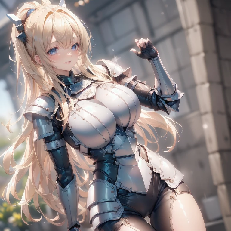 ((One Girl:1.5),(cybernetic body:1.2),Big ample breasts,(armor:1.8), (青色のarmor:1.5)),(Best image quality, Great details, Ultra-high resolution, (realism: 1.4), Best illustrations, Favorite Details, Highly concentrated girl,Laughter、(in front:1.5),(dynamic:1.5),(bold:1.5)),(Thinning hair:1.8),(loose long hair、Blonde:1.5),(Swept-apart bangs:1.5),Apply to one eye,The background is generic and blurry.,(Blurred Background:1.8), (Absurd:1.8),Tachikawa Mushimaro,He threatened Hideo., Fujichoko