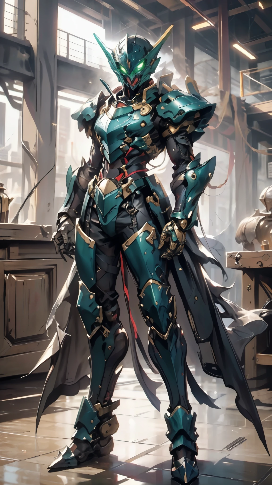 A man wearing a full-face helmet, a fantasy-style biotech armored combat suit, green eyes, (a composite layered chest armor), fully enclosed shoulder guards, matching arm and leg guards, the belt is adorned with fangs biting into orbs, (the color scheme is primarily black with red accents), the design balances heavy with agility, a high-tech bio-mecha armor, (Armor Concept Inspired by Bat, stand on the top of a skyscraper in a futuristic sci-fi city), this character embodies a finely crafted fantasy-surreal style armored hero in anime style, exquisite and mature manga art style, (element, plasma, energy, the armor glows), ((male:1.5)), metallic, real texture material, dramatic, high definition, best quality, highres, ultra-detailed, ultra-fine painting, extremely delicate, professional, perfect body proportions, golden ratio, anatomically correct, symmetrical face, extremely detailed eyes and face, high quality eyes, creativity, RAW photo, UHD, 32k, Natural light, cinematic lighting, masterpiece-anatomy-perfect, masterpiece:1.5