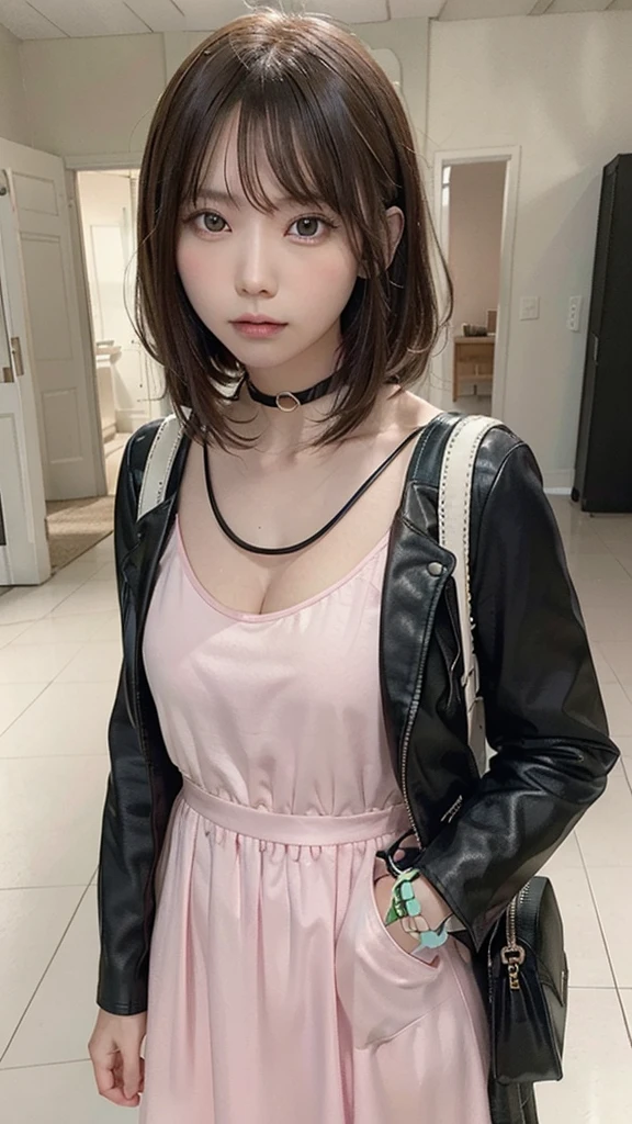beautiful, masterpiece, highest quality, Highly detailed face, Perfect lighting, One girl, alone, sketch, Marnie (Pokemon), Green Eyes, Asymmetrical bangs, Backpack, bag, black choker, black Jacket, Blurred, Blurred background, choker, Mouth closed, dress, From behind, indoor, Jacket, Long sleeve, View your viewers, Recall, Off the shoulder, pink dress, red bag, alone