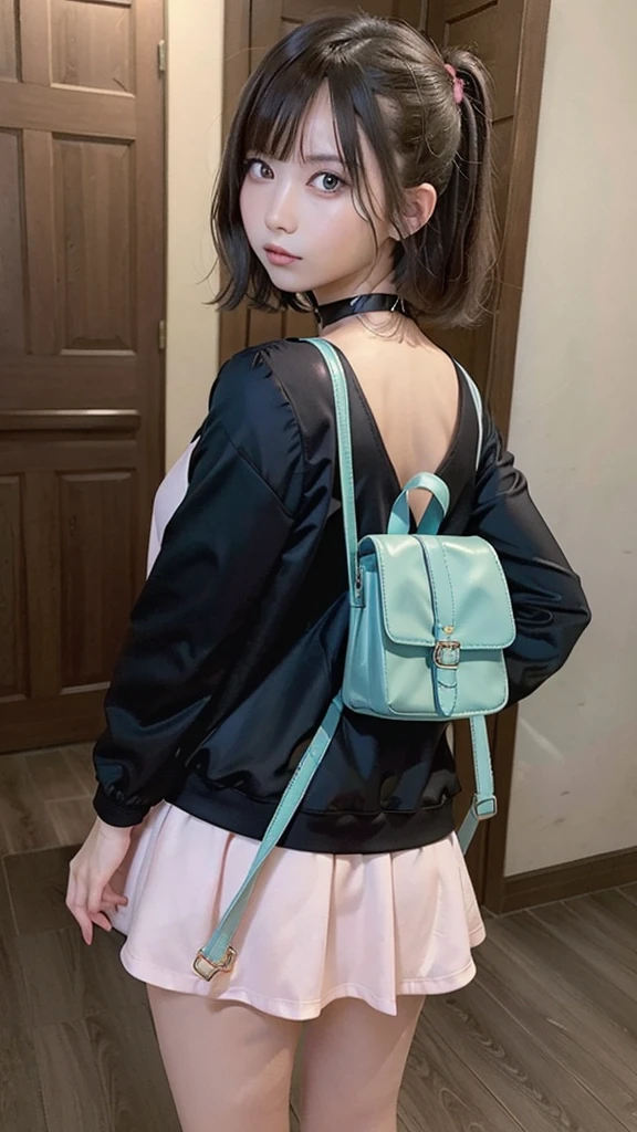 beautiful, masterpiece, highest quality, Highly detailed face,  Perfect lighting, One girl, alone, sketch, Marnie (Pokemon), Green Eyes, Asymmetrical bangs, Backpack, bag, black choker, black Jacket, Blurred, Blurred background, choker, Mouth closed, dress, From behind, indoor, Jacket, Long sleeve, View your viewers, Recall, Off the shoulder, pink dress, red bag, alone