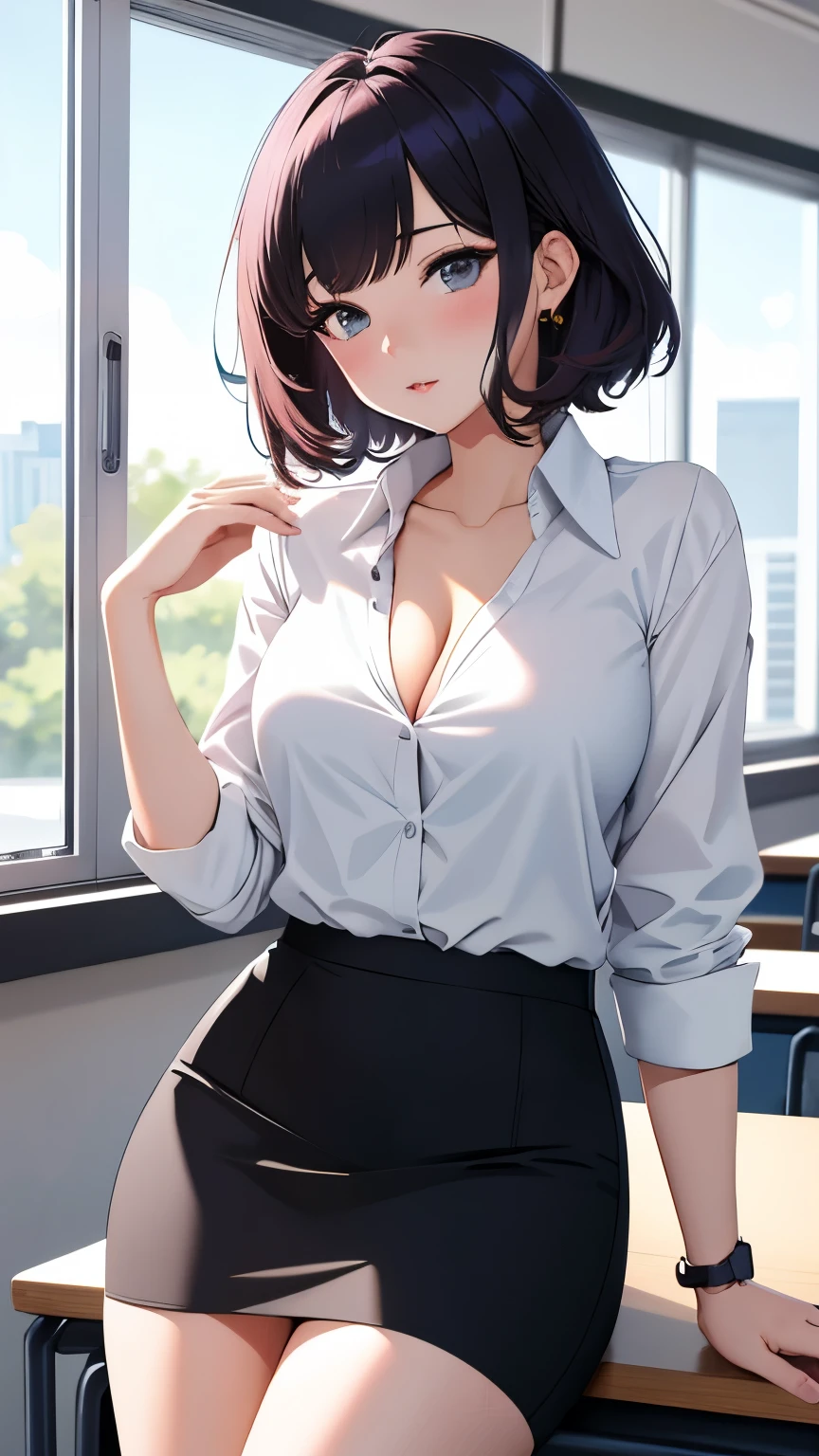 best quality, 1girl, masterpiece ultra detailed, illustration, yang guifei, glossy lips, short hair, school, classroom, white shirt, grey pencil skirt, collarbone