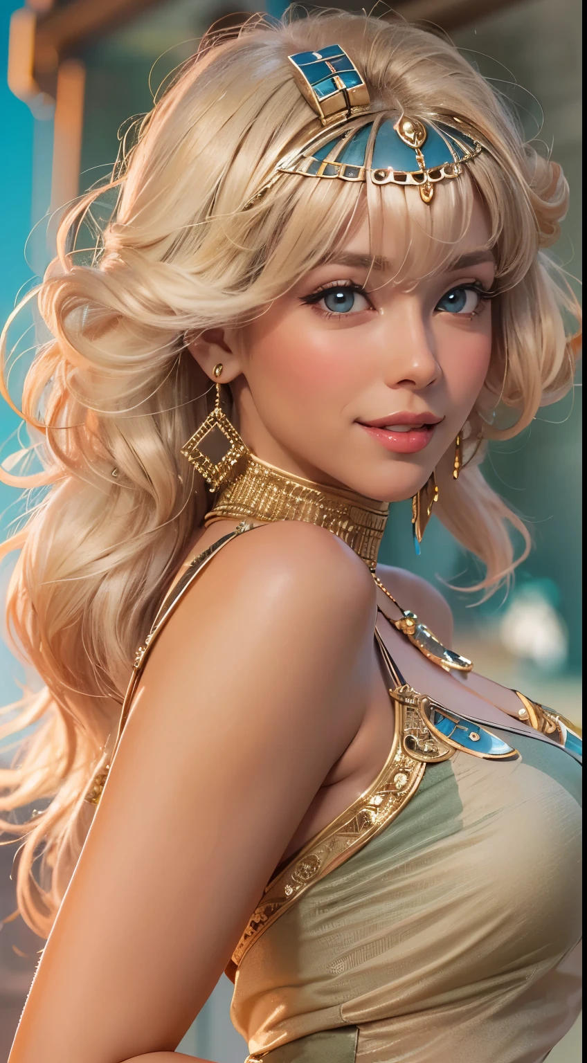 (UHD, retina, masterpiece, ccurate, anatomically correct, textured skin, super detail, high details, high quality, best quality, highres, 1080P, HD, 4K, 8k, 16k), (beautiful detailed eyes, beautiful detailed lips, extremely detailed eyes and face), studio lighting, physically-based rendering, vivid colors, (big tits, super big tits, super extra big , glamorous body), (thief:1.5), (portrait, blonde hair, shiny hair, shiny skin), (dusk sky, bokeh), (tilt your head to the side:1.5), eye reflection, (blush, smile, tanned skin, cleopatra:1.5),