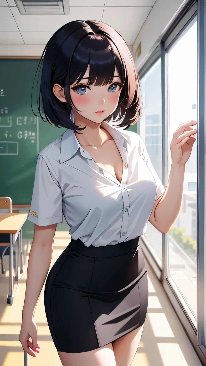 best quality, 1girl, masterpiece ultra detailed, illustration, yang guifei, glossy lips, short hair, school, classroom, white shirt, grey pencil skirt, collarbone