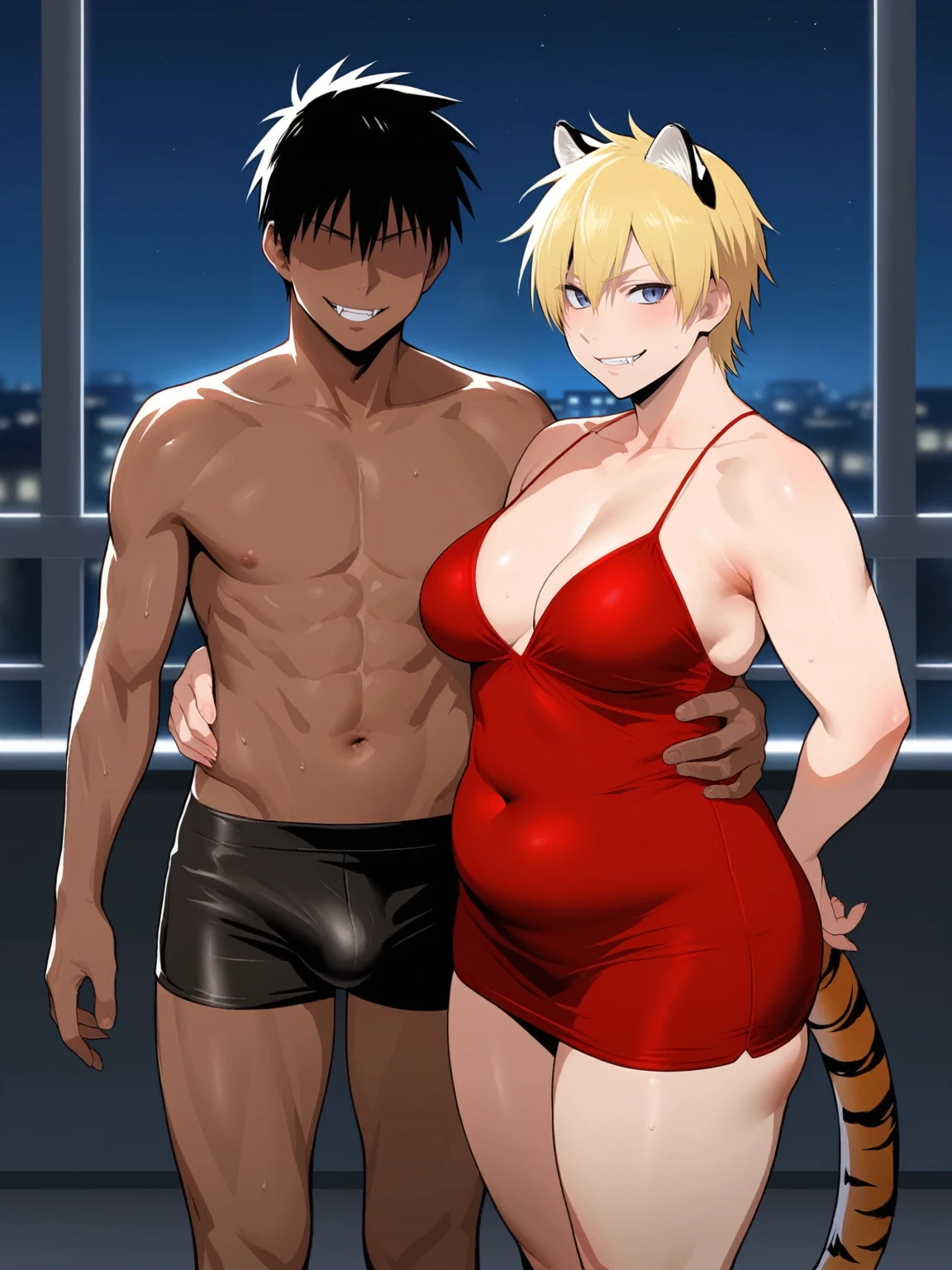 score_9, score_8_up, source_anime, standing, hellsing, seras, blonde hair, nude, indoors, night, night sky, nighttime, vampire, smirk, fangs, ikuchan, balcony, town background, clothed, male wearing shorts, muscular male, medium breasts, boyfriend, couple, sfw, looking at viewer, faceless male, dark skinned male, cuckold pov, ntr, netorare, standing side by side, standing, cuckolding, cuck, 1girl, 1boy, duo, ((duo focus)), black haired male, interracial, BLACKED, bbc, raceplay, smug, humiliation, ((faceless male)), ((size difference)), tall male, ((duo)), waist grab, ((dark skinned male))), gown, dress, bulge, rating:safe, navel, short dress, red dress, furry, tiger, anthro on human, tiger girl, chubby, bbw, ((furry)), tiger fur, chubby body, ((bbw)), milf, belly,
