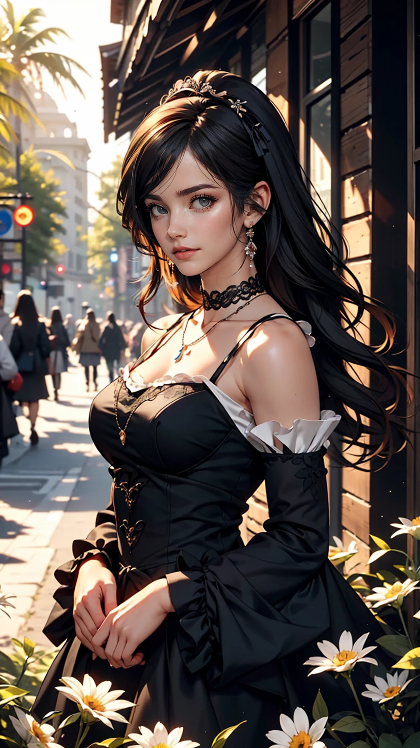 (masterpiece:1.2), (highest quality:1.2), Perfect Eyes, Perfect Face, Perfect lighting, One girl, Mature goth girl woman standing with hands out in front of her, Long Hair, Complicated hairstyle, compensate, Black Lips, Thick eyelashes, sad, melancholy, Dressed as a goth girl, Black and white dress, Frills, ribbon, Puffy sleeves, Exposing shoulders, Lace choker, jewelry, peaceful, quiet, Chill, Detailed outdoor background, Beautiful Landscape, Fantasy, summer, sunny, Sunburned, Flowers, wood  、smile