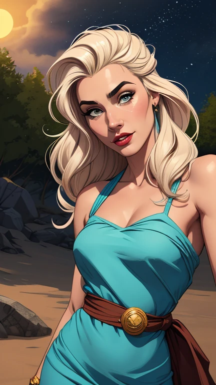 Thin woman, age 25, 4K (High definition), mysterious smile, seducing gaze, greeneyes, wearing a white dress with a boat neck and short sleeves, with black belt, arms positioned at the side of the body, Caucasian skin, straight blonde hair up to the shoulders, upper body (slightly inclined with hands resting on a table), full of curves with freckles on her chest and neck, round breasts. High-quality Marvel style, white background.