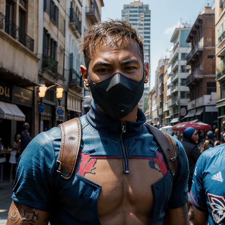Obra maestra, mejor calidad, Neymar con disfraz de deadpool, desenmascarado, parte superior del cuerpo, Ciudad, cielo azul