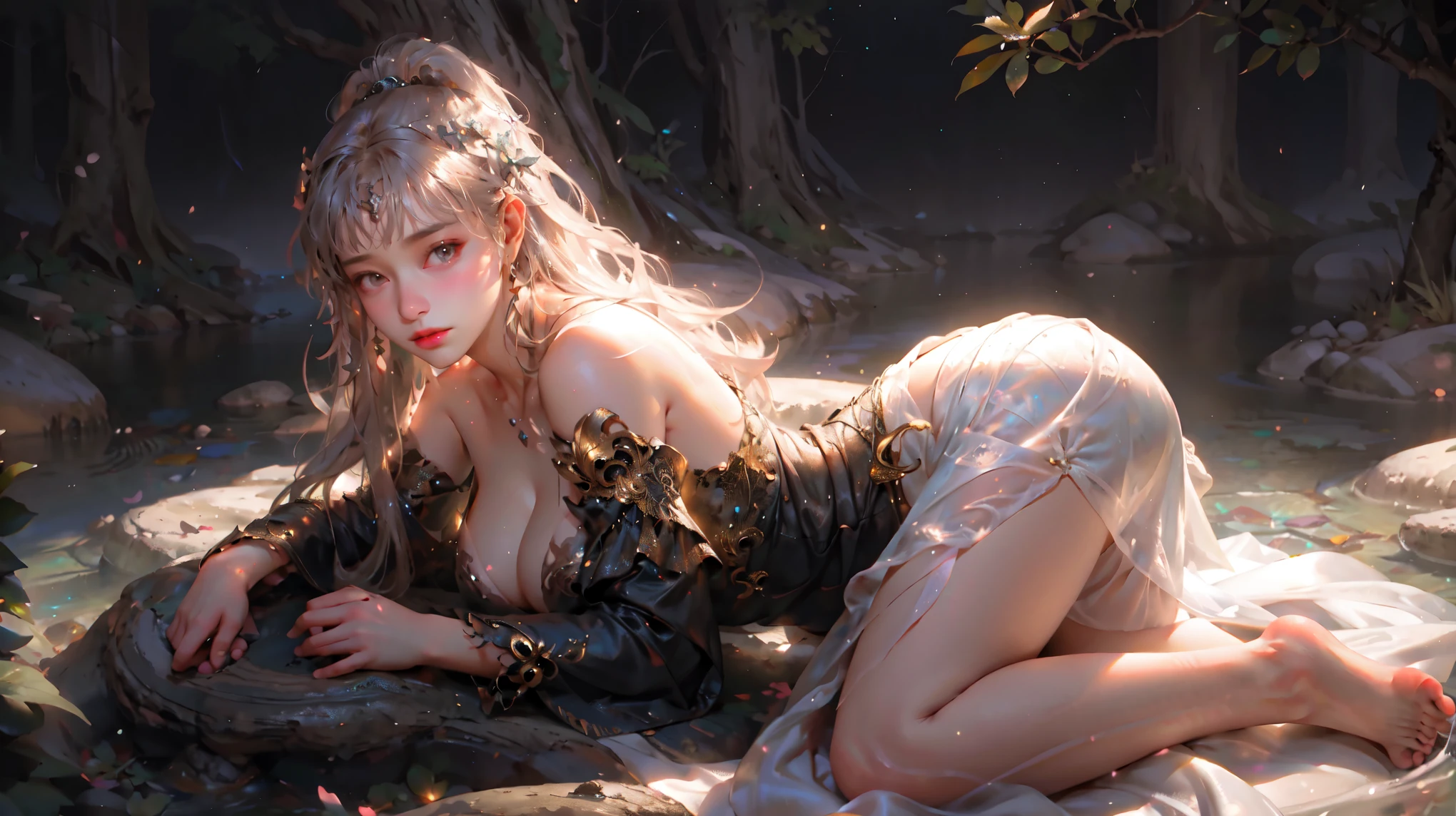 （A girl is by the river：2.0），（dress：1.9），nijistyle，Ethereal Background，Mysterious atmosphere，RAW photos，16K，drama灯光，rich and colorful，high quality，Precise focus，4D Cinema，drama，hyper-realistic illustration，Super detailed，absurd，Complex Mode， atmosphere，Ultra-high resolution， (Realistically:1.4)，(Fractal Art:1.3)，（Breasts droop outwards naturally），（Large Breasts），（Random hair color），（Show your shoulders），glowing scales，Princess Cut Hairstyle，full-body shot，watercourse，shrub，Outdoors in the wild，rock，（Look up at the shooting angle：1.7），（Close-up），（Lying on the ground），（Tall upturned ass）
