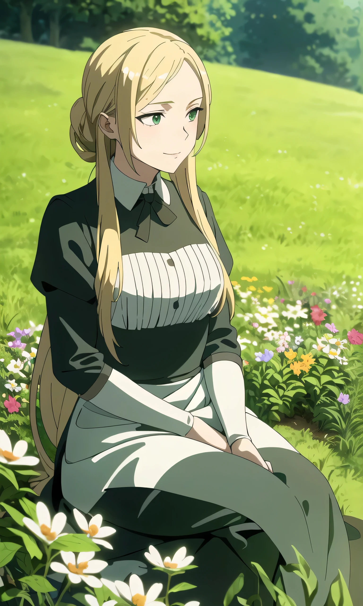 (masterpiece, best quality), 1 woman with long blonde hair tied up sitting in a field of green plants and flowers, good lighting, maid outfit, with a sweet and mischievous look, blurred foreground