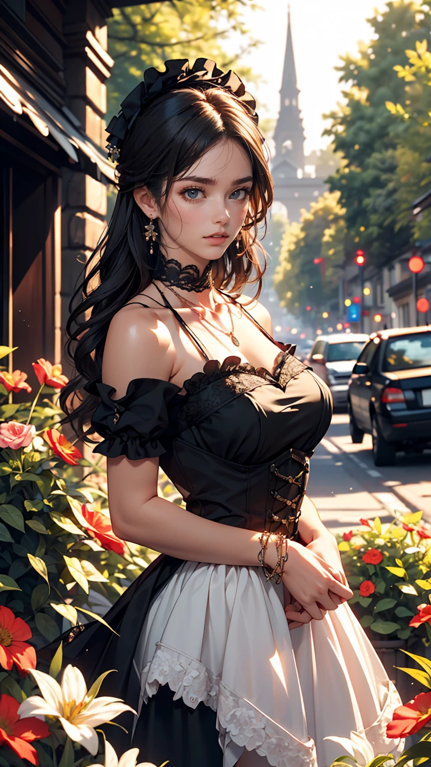 (masterpiece:1.2), (highest quality:1.2), Perfect Eyes, Perfect Face, Perfect lighting, One girl, Mature goth girl woman standing with hands out in front of her, Long Hair, Complicated hairstyle, compensate, Black Lips, Thick eyelashes, sad, melancholy, Dressed as a goth girl, Black and white dress, Frills, ribbon, Puffy sleeves, Exposing shoulders, Lace choker, jewelry, peaceful, quiet, Chill, Detailed outdoor background, Beautiful Landscape, Fantasy, summer, sunny, Sunburned, Flowers, wood
