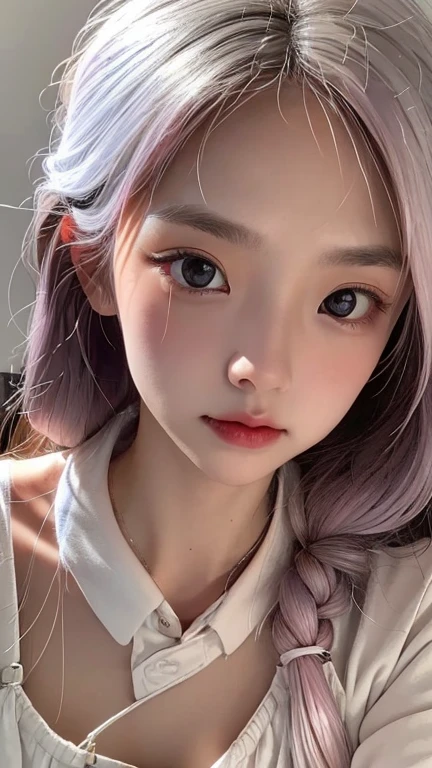 ((upper body)), 1girll,Light shines on the face, rosy lips, topknot, glowing eyes, hair bun, Surrealism, close-up, Sony FE GM, polar opposites, symmetry, UHD, masterpiece, super detail, high details, highres,pink silver hair,Small breasts,Are thin,A famous Korean idol singer with a rich voice,A famous Korean idol and beautiful dancer with advanced athletic ability,Eyes are narrow eyes,bright personality,The belly button and the surrounding area are exposed,Flat ,Light pink nipples,