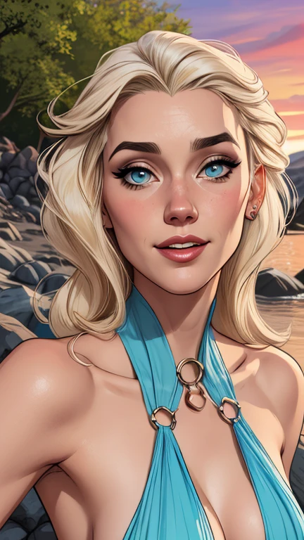 (best quality, highres, masterpiece:1.2), ultra-detailed, realistic:1.37, white-haired woman,beach, tall, brown eyes, fair skin, elegant, confident smile, wearing a blue strapless bikini, lying down