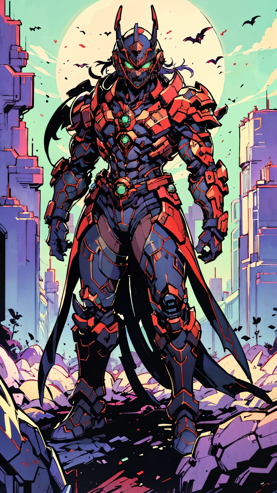 A man wearing a full-face helmet, a fantasy-style biotech armored combat suit, green eyes, (a composite layered chest armor), fully enclosed shoulder guards, matching arm and leg guards, the belt is adorned with fangs biting into orbs, (the color scheme is primarily black with red accents), the design balances heavy with agility, a high-tech bio-mecha armor, (Armor Concept Inspired by Bat, stand on the top of a skyscraper in a futuristic sci-fi city), this character embodies a finely crafted fantasy-surreal style armored hero in anime style, exquisite and mature manga art style, (element, plasma, energy, the armor glows), ((male:1.5)), metallic, real texture material, dramatic, high definition, best quality, highres, ultra-detailed, ultra-fine painting, extremely delicate, professional, perfect body proportions, golden ratio, anatomically correct, symmetrical face, extremely detailed eyes and face, high quality eyes, creativity, RAW photo, UHD, 32k, Natural light, cinematic lighting, masterpiece-anatomy-perfect, masterpiece:1.5