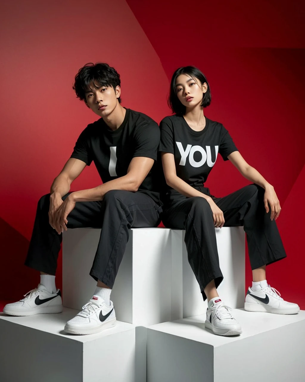 full body, long shot, portrait of asian man with short curly hair and an asian woman with short hair, sitting on a white cube, wearing a dark couple t-shirt with the word "I" on the man's t-shirt and the word "YOU" on the womans t-shirt, white shoes Nike, and with a red abstract shape background.