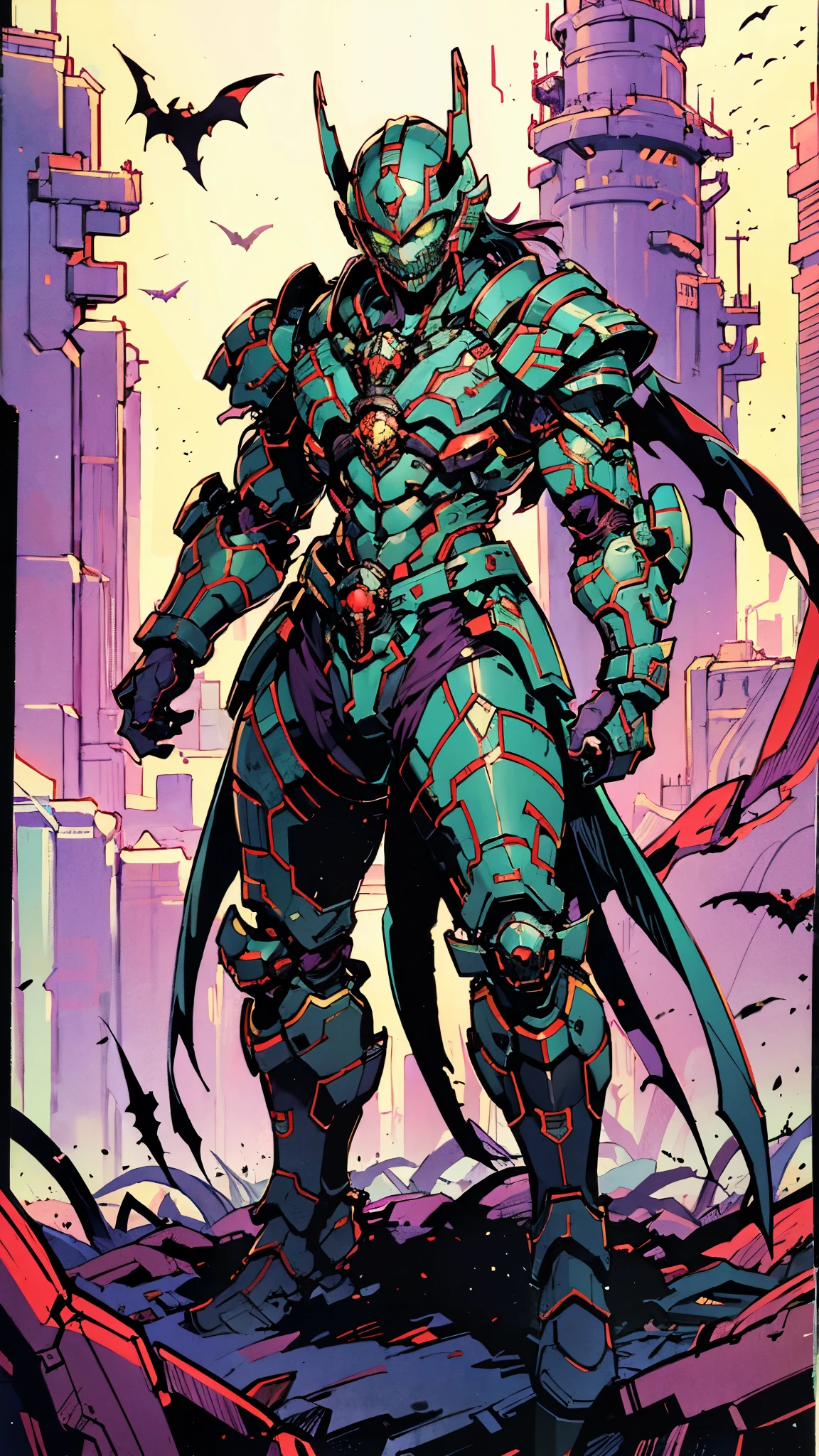 A man wearing a full-face helmet, a fantasy-style biotech armored combat suit, green eyes, (a composite layered chest armor), fully enclosed shoulder guards, matching arm and leg guards, the belt is adorned with fangs biting into orbs, (the color scheme is primarily black with red accents), the design balances heavy with agility, a high-tech bio-mecha armor, (Armor Concept Inspired by Bat, stand on the top of a skyscraper in a futuristic sci-fi city), this character embodies a finely crafted fantasy-surreal style armored hero in anime style, exquisite and mature manga art style, (element, plasma, energy, the armor glows), ((male:1.5)), metallic, real texture material, dramatic, high definition, best quality, highres, ultra-detailed, ultra-fine painting, extremely delicate, professional, perfect body proportions, golden ratio, anatomically correct, symmetrical face, extremely detailed eyes and face, high quality eyes, creativity, RAW photo, UHD, 32k, Natural light, cinematic lighting, masterpiece-anatomy-perfect, masterpiece:1.5