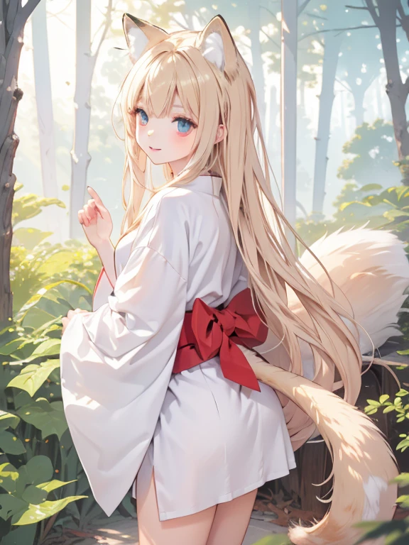 masterpiece, highest quality, Very detailed, 16k, Ultra-high resolution, Cowboy Shot, One 14-year-old girl, Detailed face, Perfect Fingers, Fox Ears, tail, Golden Eyes, Blonde, Long Hair, Red kimono, in the forest, During a walk