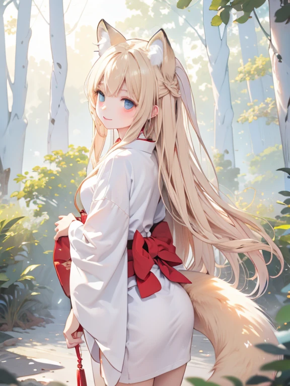 masterpiece, highest quality, Very detailed, 16k, Ultra-high resolution, Cowboy Shot, One ****************, Detailed face, Perfect Fingers, Fox Ears, tail, Golden Eyes, Blonde, Long Hair, Red kimono, in the forest, During a walk