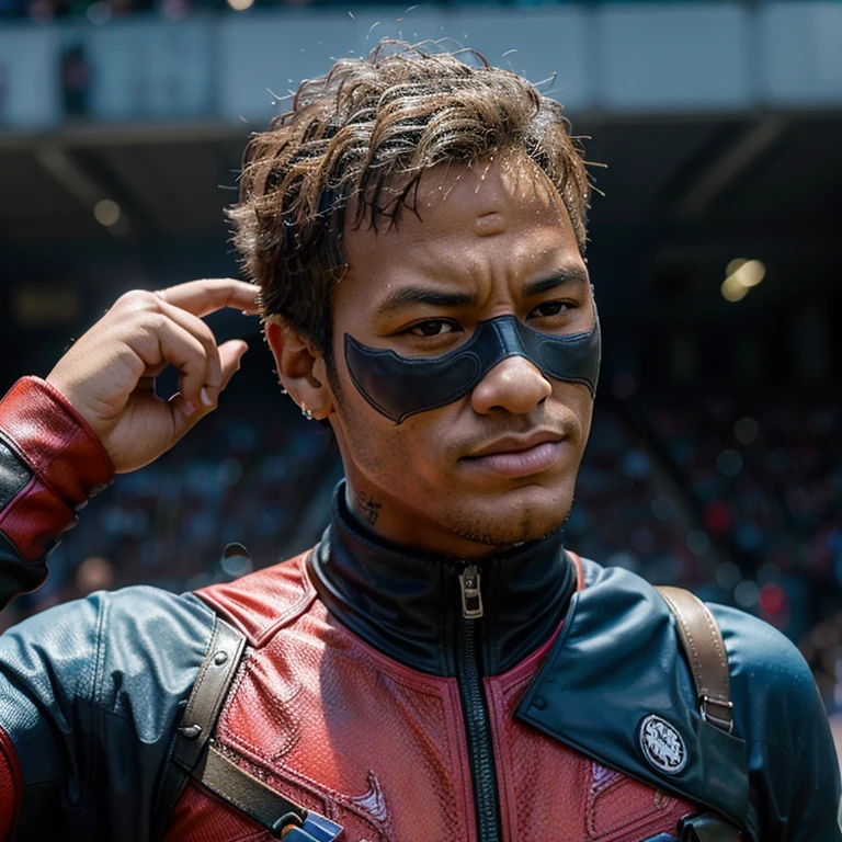 Obra maestra, mejor calidad, Neymar con disfraz de deadpool, desenmascarado, parte superior del cuerpo, Ciudad, cielo azul