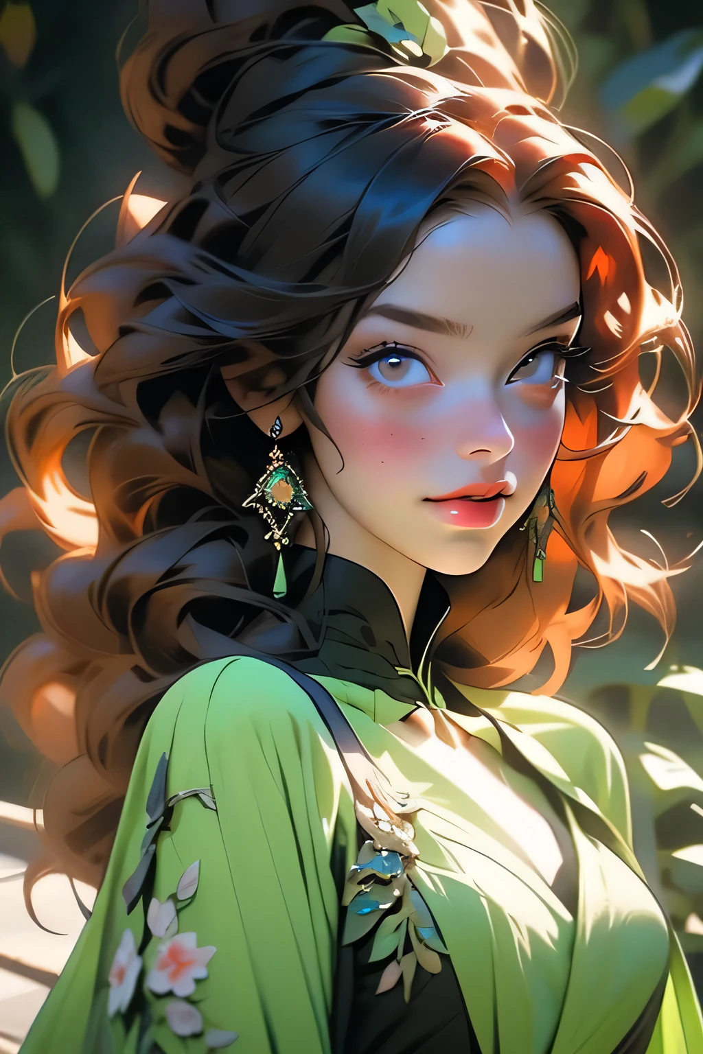 Black woman with red hair and bright green eyes, Wear elegant party clothes, Scattered outlines and background, Intricate details, Modest, watercolor, splash､masterpiece, 最high quality, high quality, High resolution, Gothic Lolita, (((Upper body portrait)))