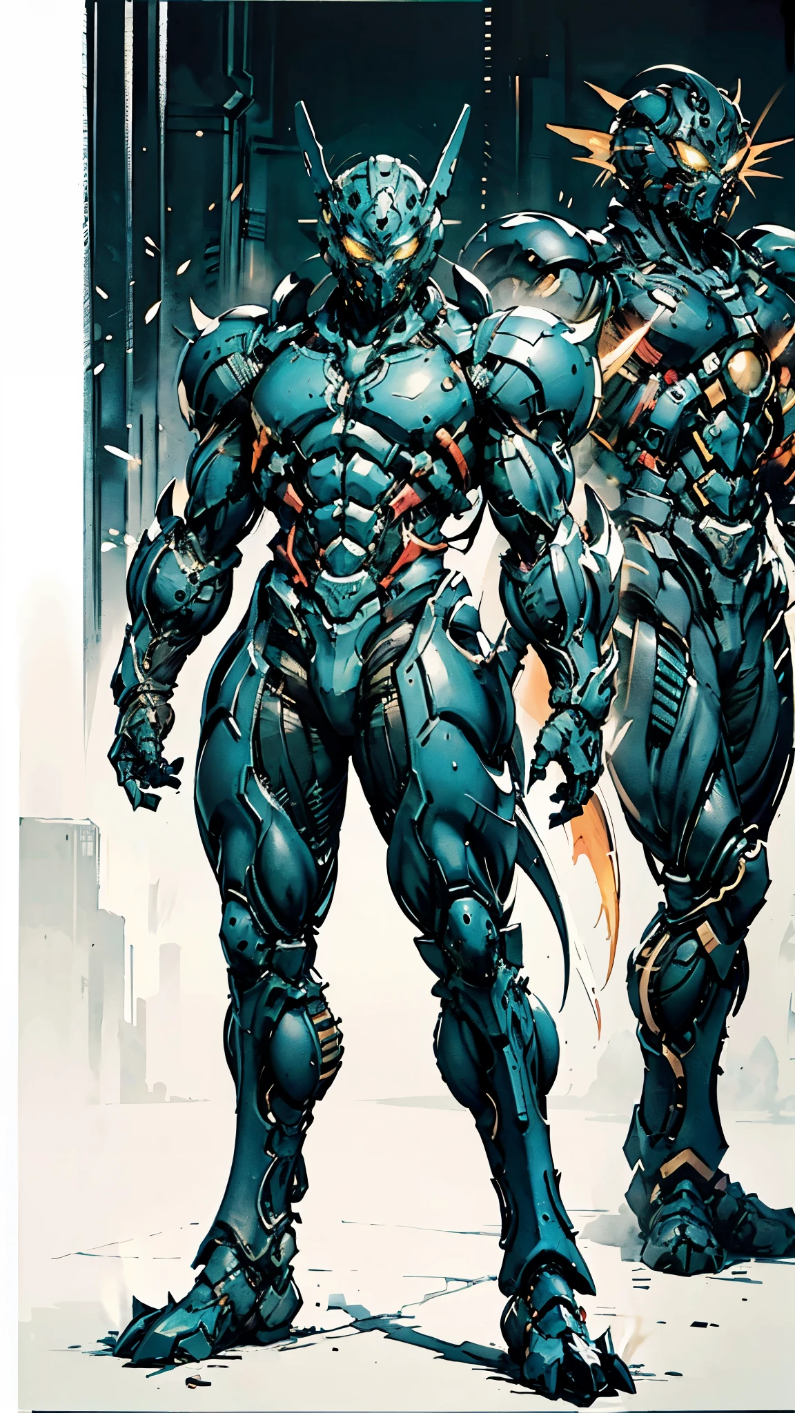 A man wearing a full-face helmet, a fantasy-style biotech armored combat suit, green eyes, (a composite layered chest armor), fully enclosed shoulder guards, matching arm and leg guards, the belt is adorned with fangs biting into orbs, (the color scheme is primarily black with red accents), the design balances heavy with agility, a high-tech bio-mecha armor, (Armor Concept Inspired by Bat, stand on the top of a skyscraper in a futuristic sci-fi city), this character embodies a finely crafted fantasy-surreal style armored hero in anime style, exquisite and mature manga art style, (element, plasma, energy, the armor glows), ((male:1.5)), metallic, real texture material, dramatic, high definition, best quality, highres, ultra-detailed, ultra-fine painting, extremely delicate, professional, perfect body proportions, golden ratio, anatomically correct, symmetrical face, extremely detailed eyes and face, high quality eyes, creativity, RAW photo, UHD, 32k, Natural light, cinematic lighting, masterpiece-anatomy-perfect, masterpiece:1.5