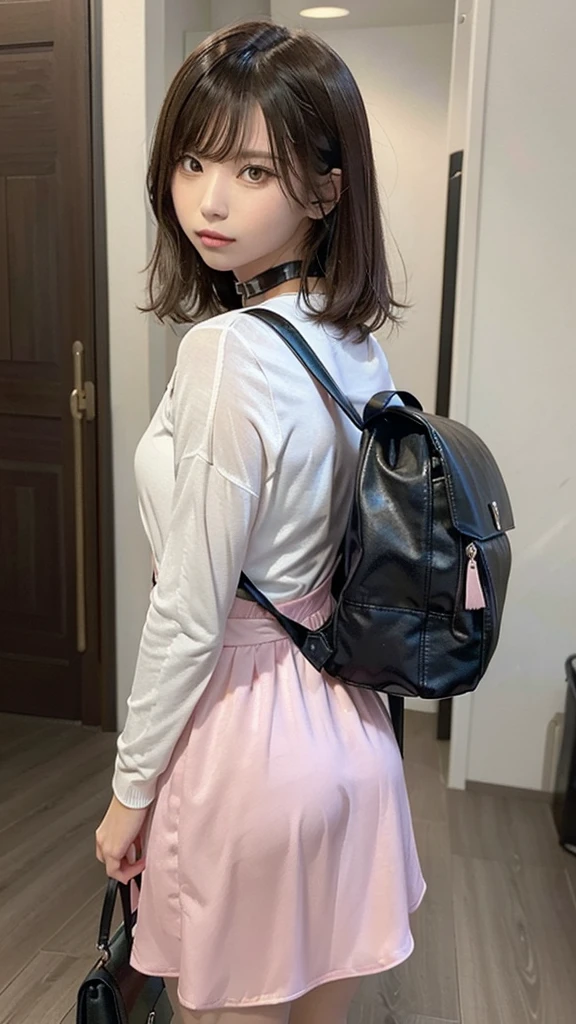 beautiful, masterpiece, highest quality, Highly detailed face,  Perfect lighting, One girl, alone, sketch, Marnie (Pokemon), Green Eyes, Asymmetrical bangs, Backpack, bag, black choker, black Jacket, Blurred, Blurred background, choker, Mouth closed, dress, From behind, indoor, Jacket, Long sleeve, View your viewers, Recall, Off the shoulder, pink dress, red bag, alone