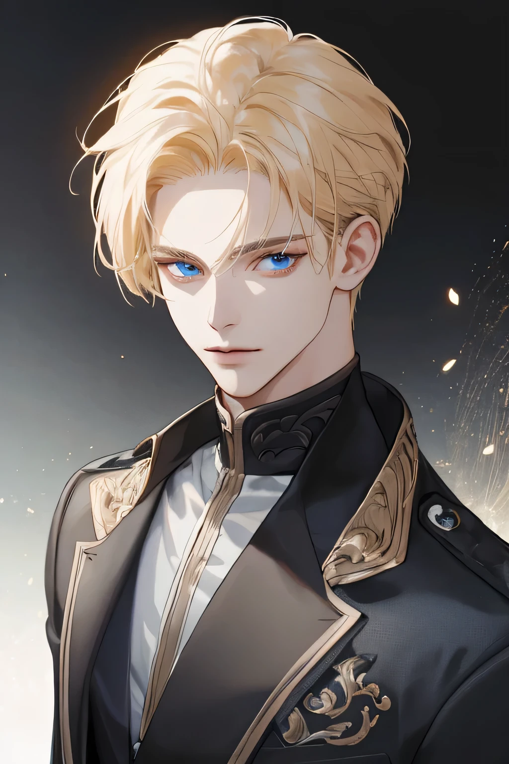 (tmasterpiece, high resolution, ultra - detailed:1.0), 1boy, Perfect male body, Eyes look at the camera, (short golden hair, forehead , white shirt, black 3-piece-suit,closed mouth, color difference, Depth of field, dramatic shadow, Ray tracing, Best quality, Portrait,Extremely detailed CG, 8k wallpaper, blue eyes, half body perfect, wearing black sweather, very tall, body perfect, carolina eyes, half body, perfect, big body,