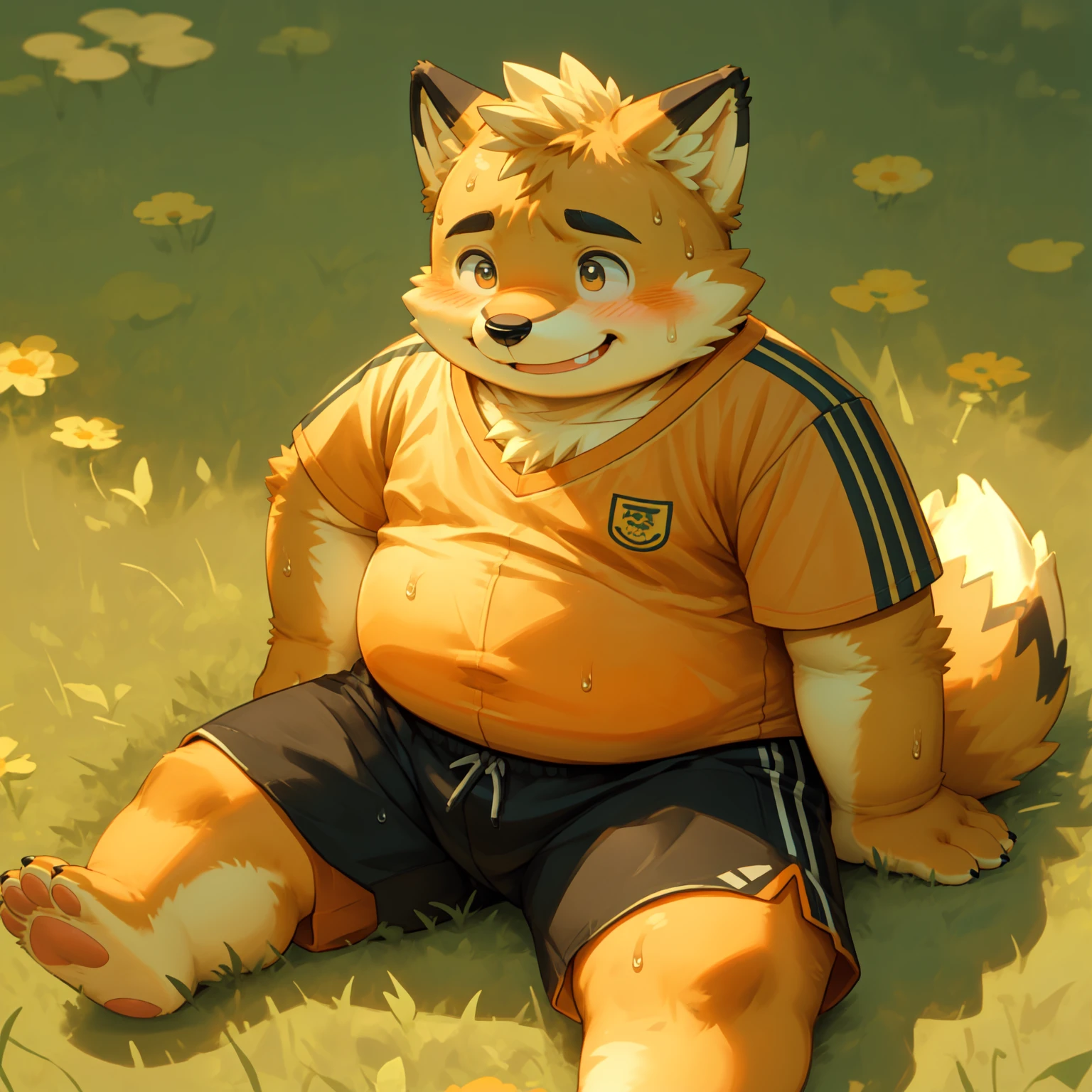 New Jersey 5 Furry,fox,portrait,(Solitary),child,Beautifully,Chubby,Orange plush fur,Cute face,Black eyebrows,t-shirt,shorts,Child,Sitting on the grass,masterpiece,best quality, Play,Smile,blush,Sweating