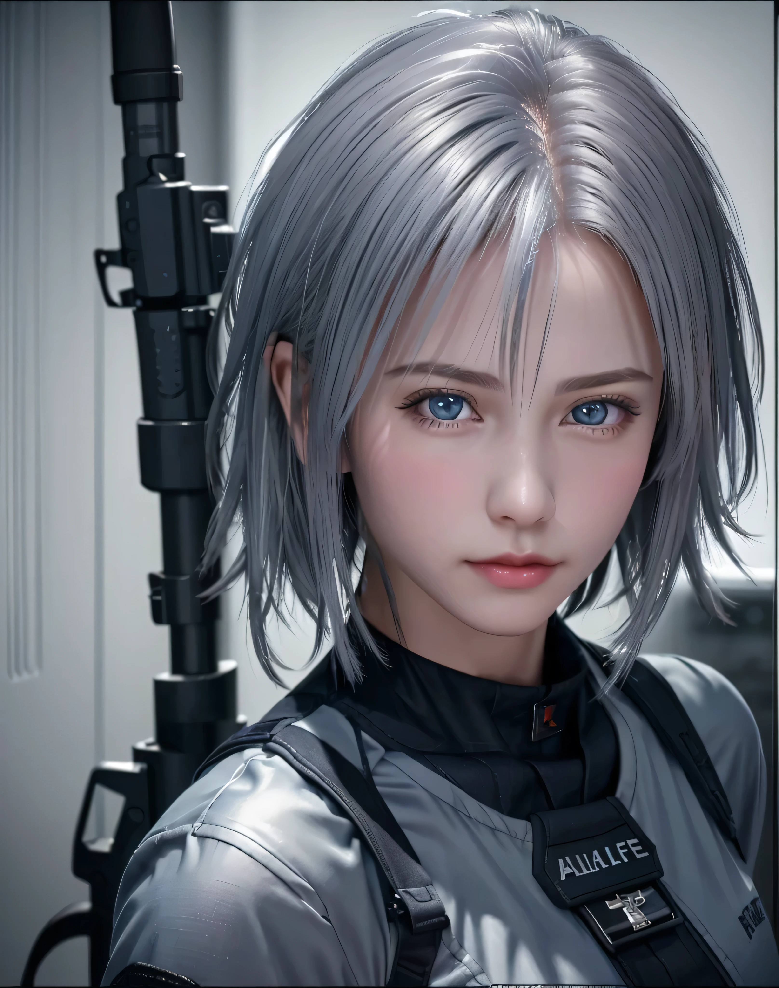(RAW quality:1.4), Realistic, highest quality:1.3, High resolution, 1 female, , alone, sexy, Hip Up, Beautiful Blue Eyes, (Realistic Face), (boyish, Silver color very short hair), Tight light grey military bodysuit, Assault rifle, jewelry, Portraiture, (Assault rifleを持つ:1.4),