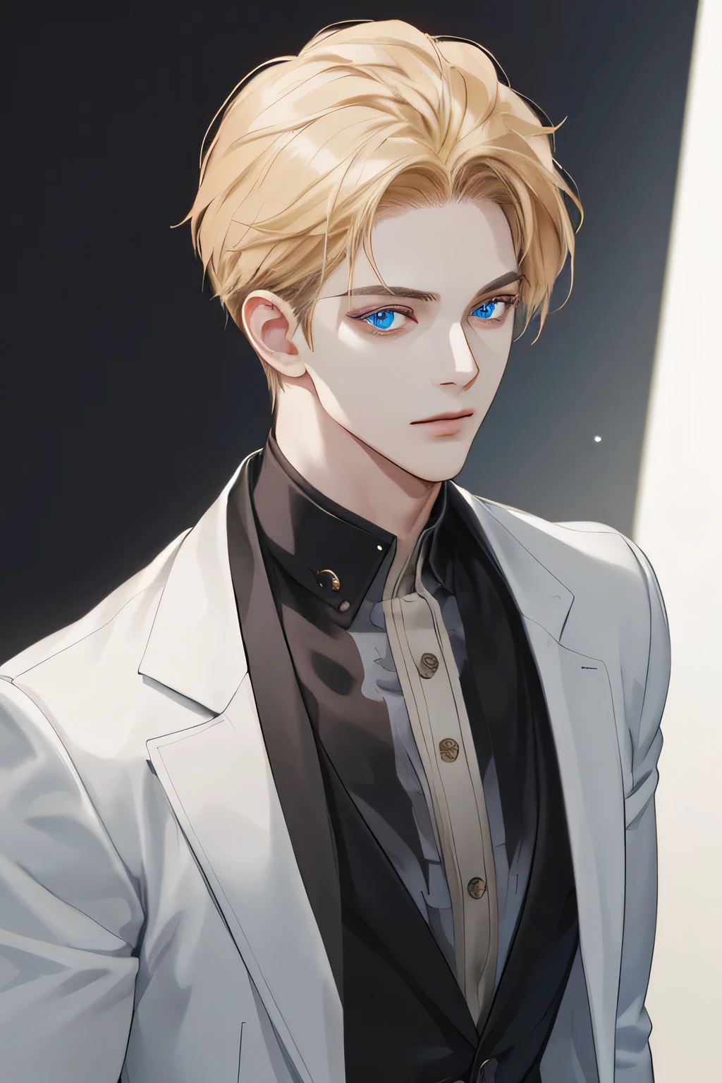 (tmasterpiece, high resolution, ultra - detailed:1.0), 1boy, Perfect male body, Eyes look at the camera, (short golden hair, forehead , white shirt, black 3-piece-suit,closed mouth, color difference, Depth of field, dramatic shadow, Ray tracing, Best quality, Portrait,Extremely detailed CG, 8k wallpaper, blue eyes, half body perfect, wearing black sweather, very tall, body perfect, carolina eyes, half body, perfect, big body,