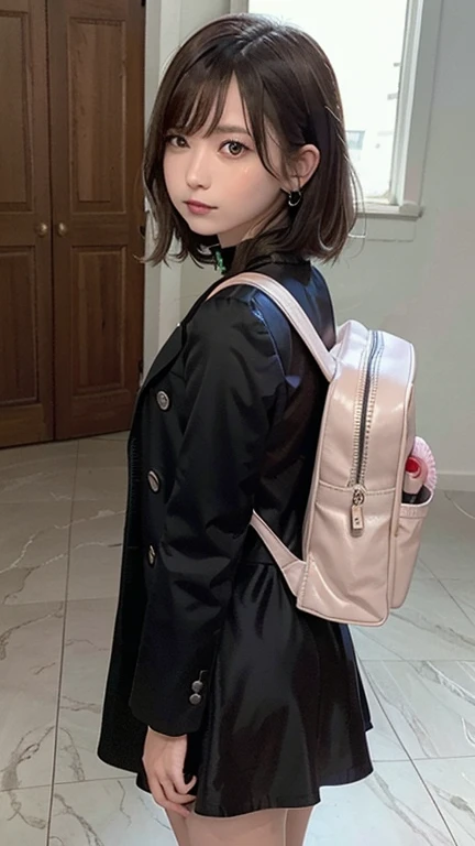 beautiful, masterpiece, highest quality, Highly detailed face,  Perfect lighting, One girl, alone, sketch, Marnie (Pokemon), Green Eyes, Asymmetrical bangs, Backpack, bag, black choker, black Jacket, Blurred, Blurred background, choker, Mouth closed, dress, From behind, indoor, Jacket, Long sleeve, View your viewers, Recall, Off the shoulder, pink dress, red bag, alone