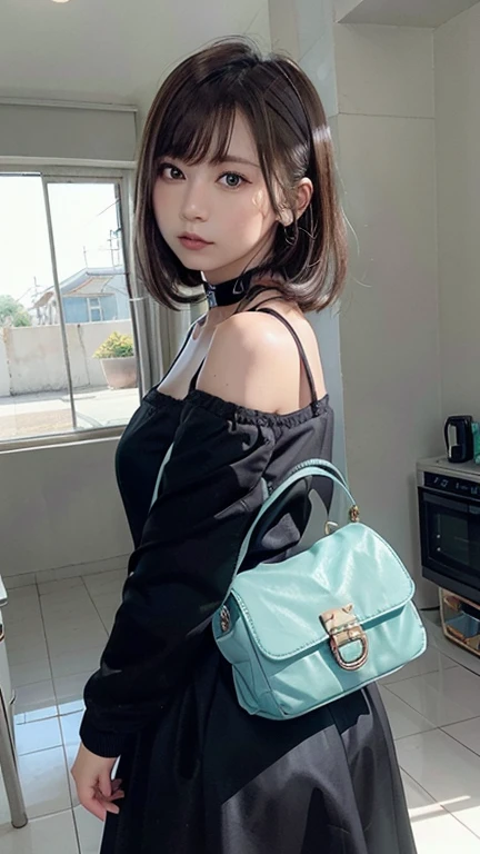 beautiful, masterpiece, highest quality, Highly detailed face,  Perfect lighting, One girl, alone, sketch, Marnie (Pokemon), Green Eyes, Asymmetrical bangs, Backpack, bag, black choker, black Jacket, Blurred, Blurred background, choker, Mouth closed, dress, From behind, indoor, Jacket, Long sleeve, View your viewers, Recall, Off the shoulder, pink dress, red bag, alone