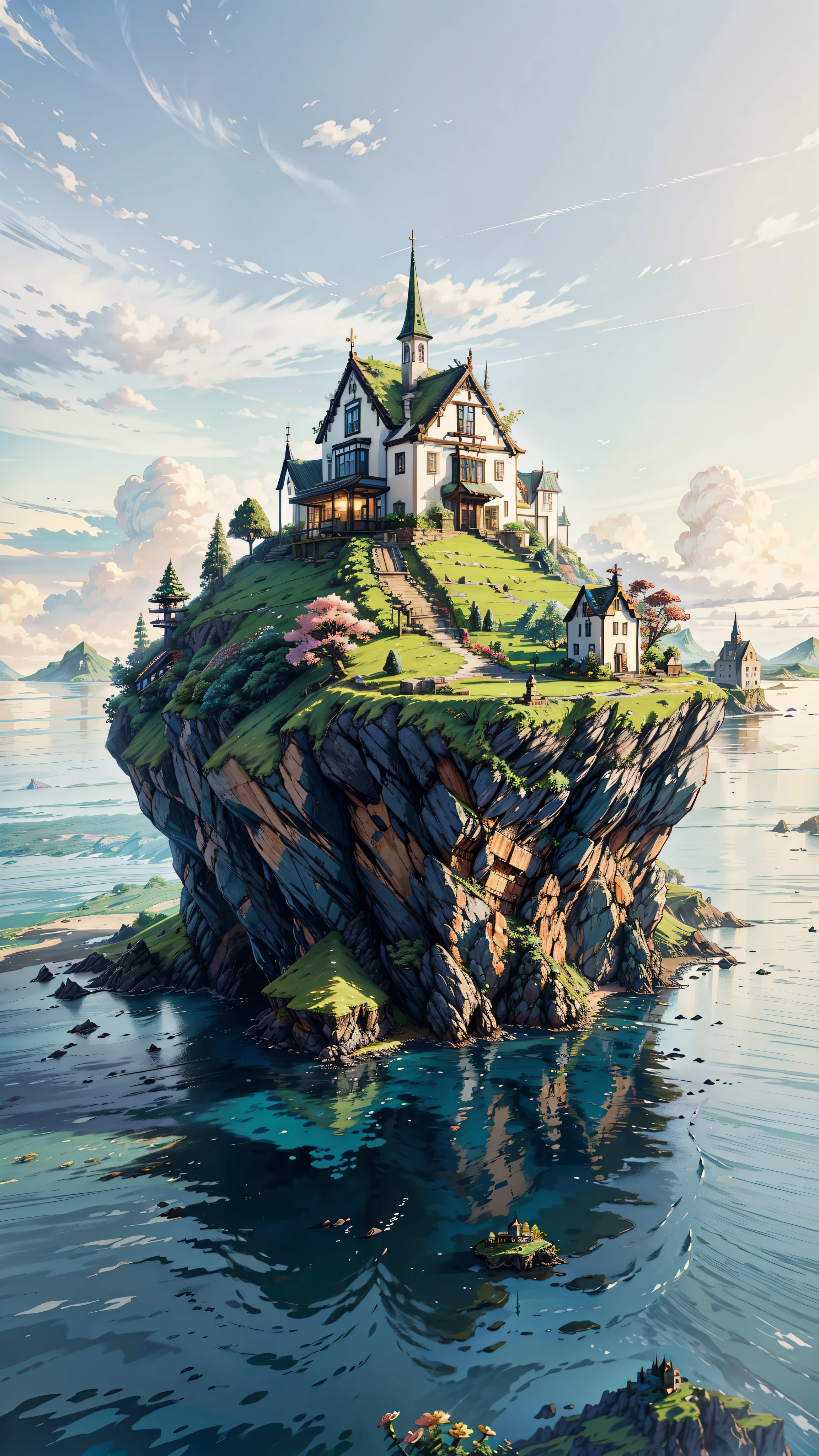 painting of a small island in the middle of the ocean, greenery, nobody living there, isolated, multicolored flowers, flowers valley, inhabited on many levels, an island, remote icelandic village, island with cave, сastle on the rock, house on a hill, an island floating in the air, erik johansson style, isolation, secluded, amidst of nature fully covered, minecraft in real life