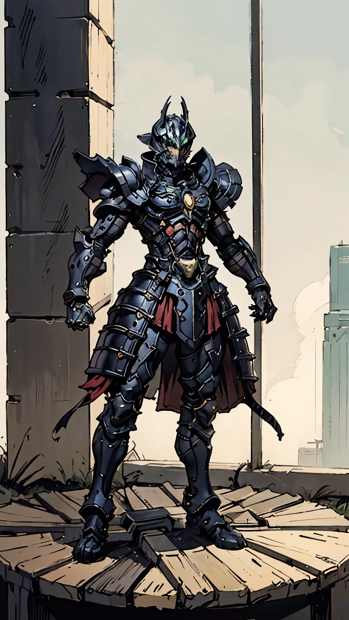A man wearing a full-face helmet, a fantasy-style biotech armored combat suit, green eyes, (a composite layered chest armor), fully enclosed shoulder guards, matching arm and leg guards, the belt is adorned with fangs biting into orbs, (the color scheme is primarily black with red accents), the design balances heavy with agility, a high-tech bio-mecha armor, (Armor Concept Inspired by Bat, stand on the top of a skyscraper in a futuristic sci-fi city), this character embodies a finely crafted fantasy-surreal style armored hero in anime style, exquisite and manga art style, (element, plasma, energy, the armor glows), ((male:1.5)), metallic, real texture material, dramatic, high definition, best quality, highres, ultra-detailed, ultra-fine painting, extremely delicate, professional, perfect body proportions, golden ratio, anatomically correct, symmetrical face, extremely detailed eyes and face, high quality eyes, creativity, RAW photo, UHD, 32k, Natural light, cinematic lighting, masterpiece-anatomy-perfect, masterpiece:1.5