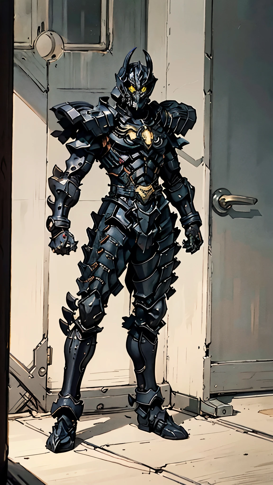 A man wearing a full-face helmet, a fantasy-style biotech armored combat suit, green eyes, (a composite layered chest armor), fully enclosed shoulder guards, matching arm and leg guards, the belt is adorned with fangs biting into orbs, (the color scheme is primarily black with red accents), the design balances heavy with agility, a high-tech bio-mecha armor, (Armor Concept Inspired by Bat, stand on the top of a skyscraper in a futuristic sci-fi city), this character embodies a finely crafted fantasy-surreal style armored hero in anime style, exquisite and mature manga art style, (element, plasma, energy, the armor glows), ((male:1.5)), metallic, real texture material, dramatic, high definition, best quality, highres, ultra-detailed, ultra-fine painting, extremely delicate, professional, perfect body proportions, golden ratio, anatomically correct, symmetrical face, extremely detailed eyes and face, high quality eyes, creativity, RAW photo, UHD, 32k, Natural light, cinematic lighting, masterpiece-anatomy-perfect, masterpiece:1.5