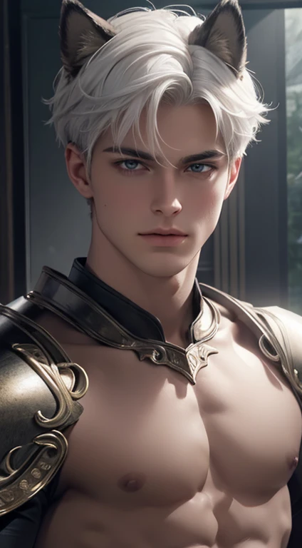 Full Body photorealistic 4k, high resolution, best quality, masterpiece, perfect color, perfect shade, perfect lighting, Posted by e621, ((portrait)), ((handsome man)), perfect male figure, Short hair details，chest muscles，abdominal muscles，Naked torso，Detailed face, perfect face, (stood up), Detailed background, ((Bonifasco Lighting)), (delicate eyes),((armor)),((animal ears)),white hair