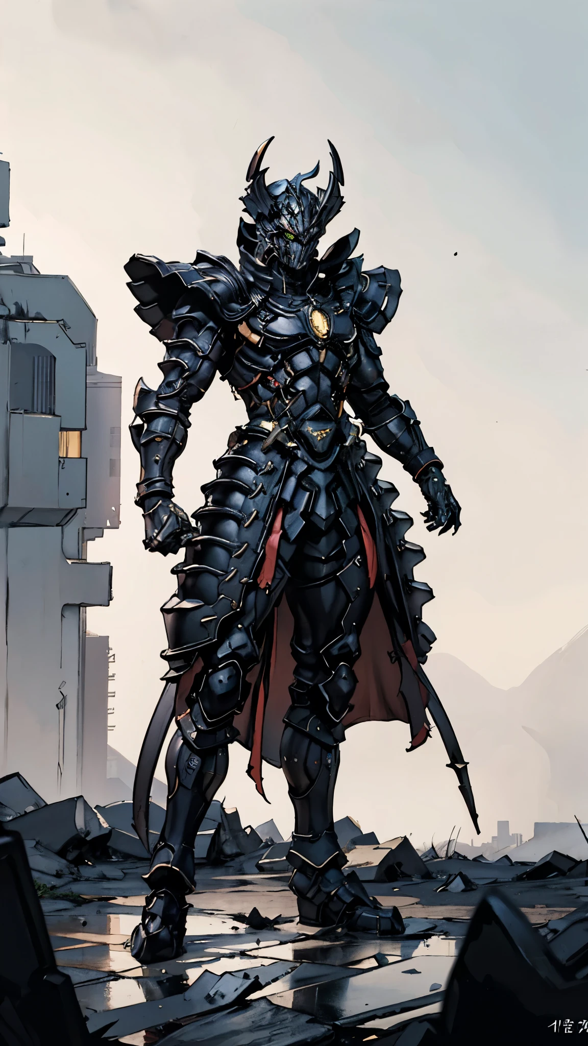 A man wearing a full-face helmet, a fantasy-style biotech armored combat suit, green eyes, (a composite layered chest armor), fully enclosed shoulder guards, matching arm and leg guards, the belt is adorned with fangs biting into orbs, (the color scheme is primarily black with red accents), the design balances heavy with agility, a high-tech bio-mecha armor, (Armor Concept Inspired by Bat, stand on the top of a skyscraper in a futuristic sci-fi city), this character embodies a finely crafted fantasy-surreal style armored hero in anime style, exquisite and mature manga art style, (element, plasma, energy, the armor glows), ((male:1.5)), metallic, real texture material, dramatic, high definition, best quality, highres, ultra-detailed, ultra-fine painting, extremely delicate, professional, perfect body proportions, golden ratio, anatomically correct, symmetrical face, extremely detailed eyes and face, high quality eyes, creativity, RAW photo, UHD, 32k, Natural light, cinematic lighting, masterpiece-anatomy-perfect, masterpiece:1.5