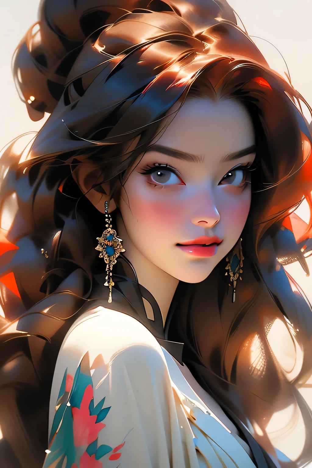 Beautiful woman with red hair and bright black eyes, (Wear elegant party clothes), Scattered contours and light particles background, Intricate details, Modest, watercolor, splash､masterpiece, 最high quality, high quality, High resolution, (((Upper body portrait)))