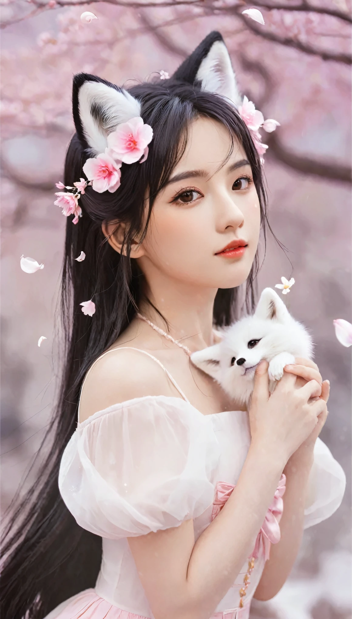 Nine snow-white fox tails (1.0), Milky white fox tail (1.0), Nine-tailed fox close-up, Nine Tails, Nine Tails, Pink Hair、Wearing a pink dress、Anime girl with flowers in her hair, very Beautiful anime fox girl, Beautiful anime fox girl, Beautiful fantasy anime, guweiz, Anime girl with fox ears, Beautiful anime girl, Very beautiful and cute fox girl, Pink flower rain, Background blur, Anime style 4k, Anime Fantasy Artwork, 4k anime wallpaper, Guvez-style artwork