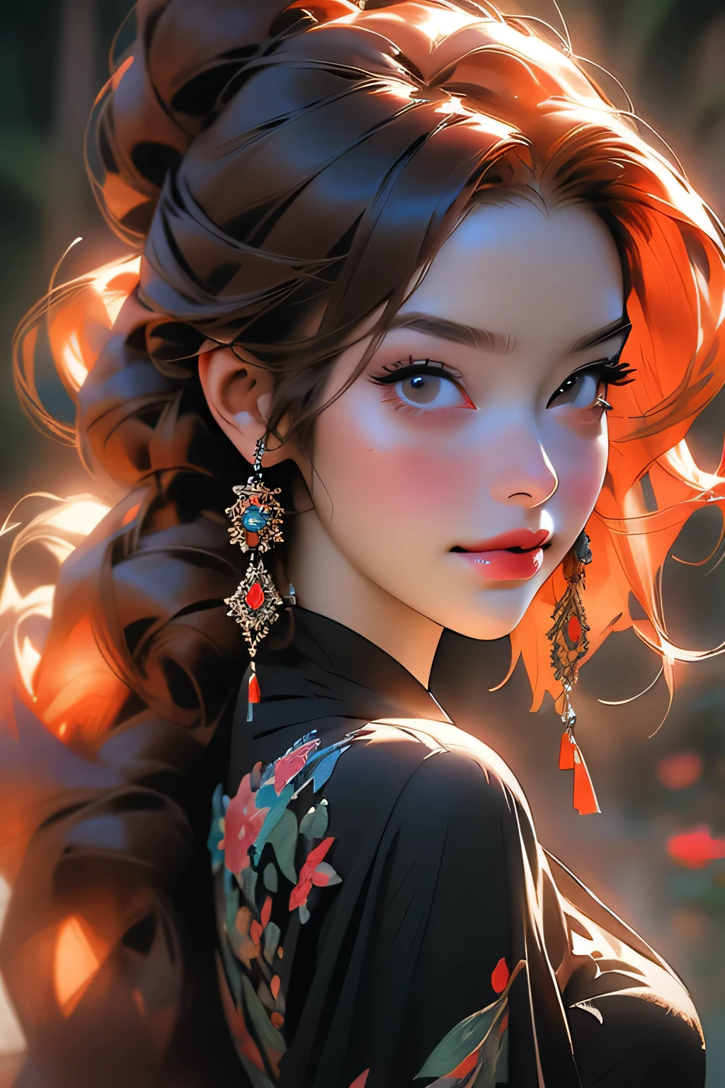 Beautiful woman with red hair and bright black eyes, (Wear elegant party clothes), Scattered contours and light particles background, Intricate details, Modest, watercolor, splash､masterpiece, 最high quality, high quality, High resolution, (((Upper body portrait)))