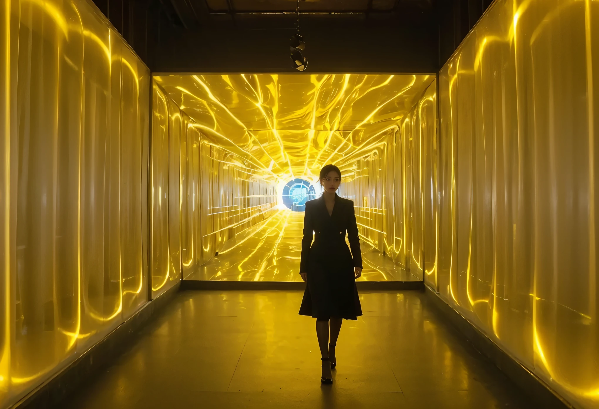 Create an image that captures the moment at the end of a golden corridor where a large, cell-like luminous installation stands. The prompt should include the following elements: A long, golden corridor with reflective walls that give off a warm, ambient light, leading to a central focus at the end of the hallway. A large, bioluminescent cell-like installation at the corridor's end, designed to resemble a glowing cell with translucent membranes and pulsating light, symbolizing life and energy. A graceful woman with an elegant demeanor standing near the installation, in the process of 'lighting it up' with an interactive gesture or control panel, indicating the start of an event or the activation of the installation. The woman should be dressed in a sophisticated outfit that complements the futuristic setting, with her posture and expression conveying a sense of importance and ceremony. Behind the cell-like installation, there should be grand entrance doors that lead to the main venue, suggesting that the activation of the installation is a prelude to entering the main event. The overall atmosphere should be one of anticipation and excitement, with the golden corridor and the glowing cell installation serving as a bridge between the ordinary and the extraordinary. The lighting should be dramatic, with the cell installation as the primary light source, casting soft, golden hues that reflect off the corridor walls and illuminate the woman's face. This image should evoke a sense of discovery and wonder, as if the viewer is about to witness the unveiling of something truly remarkable within the main venue. xianxia